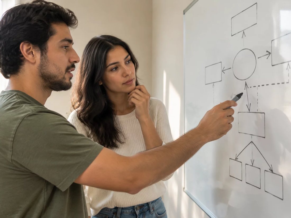 Duas pessoas diante do quadro branco com a armação de um argumento rabiscada